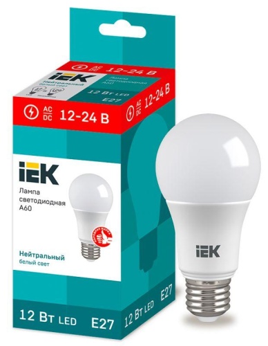 Лампа светодиодная A60 шар 12Вт 12-24В 4000К E27 (низковольтная) | код LLE-A60-12-12-24-40-E27 | IEK